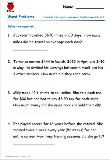 Grade 5 Word Problems | Free Printables | Worksheets