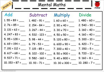 Grade 6 Mental Math Worksheets | Free Printables