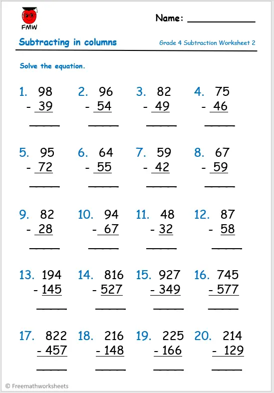 Subtraction Worksheets 4th Grade