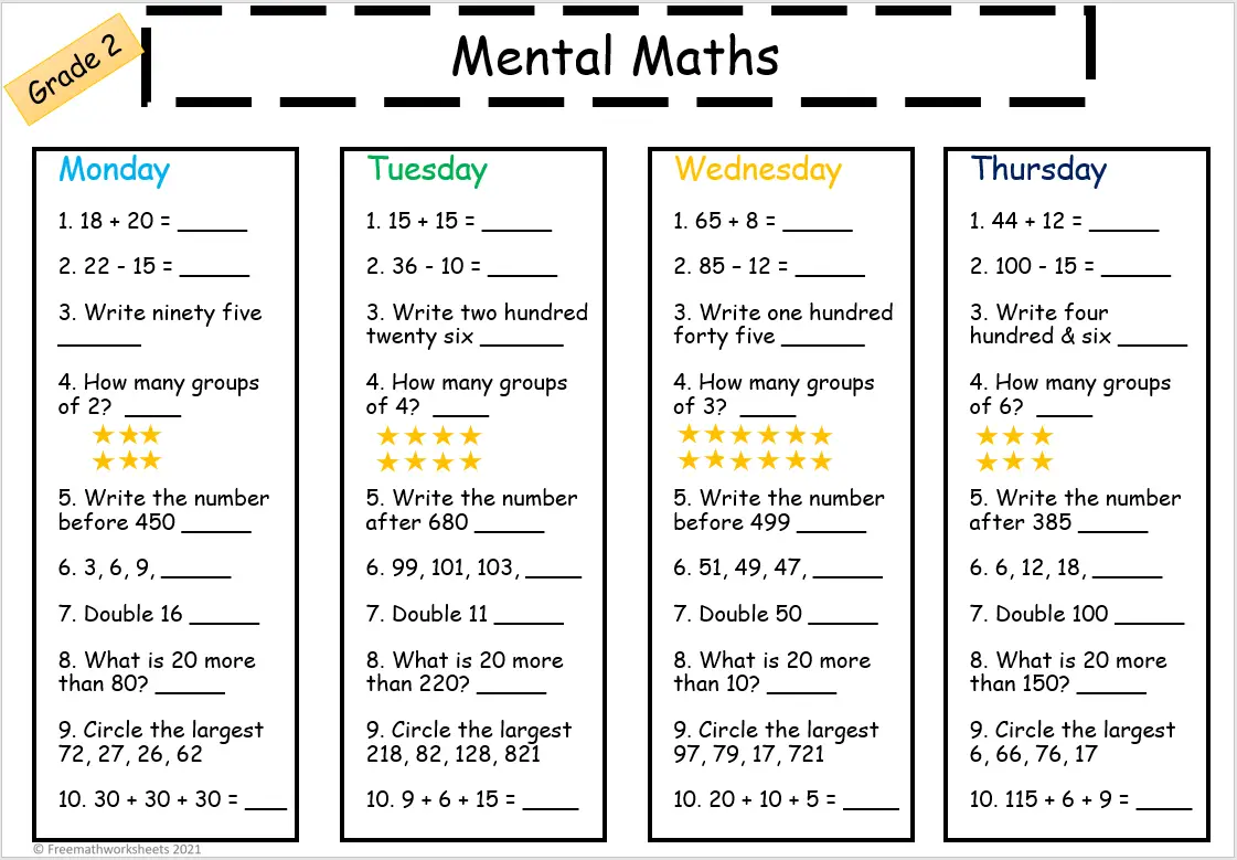 Mental Math Worksheets Grade 2