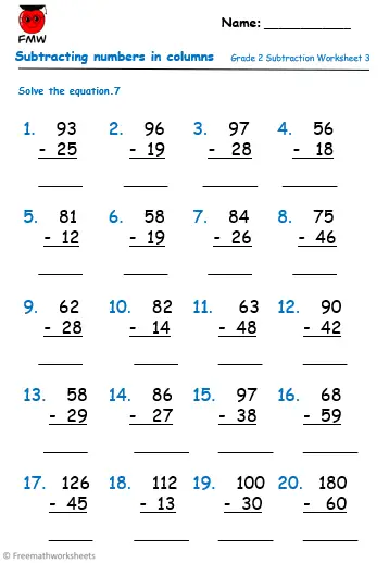 Grade 2 – Subtraction worksheet 3 – Image – FMW