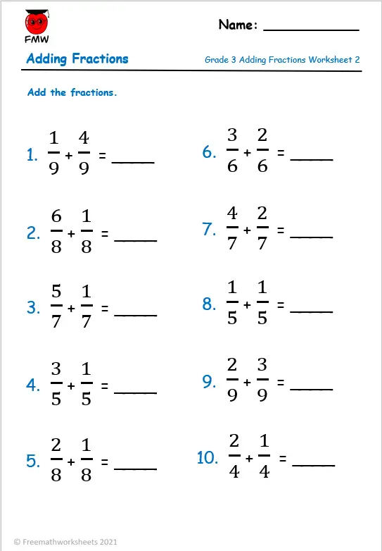 adding fractions with same denominator free worksheets printables