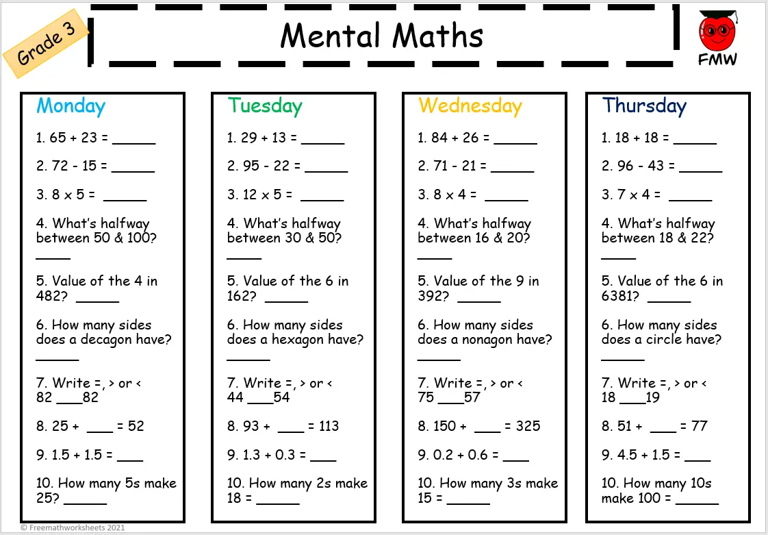 mental math practice hgh school worksheets