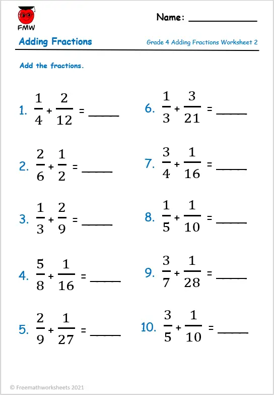 adding fractions with unlike denominators free worksheets printables