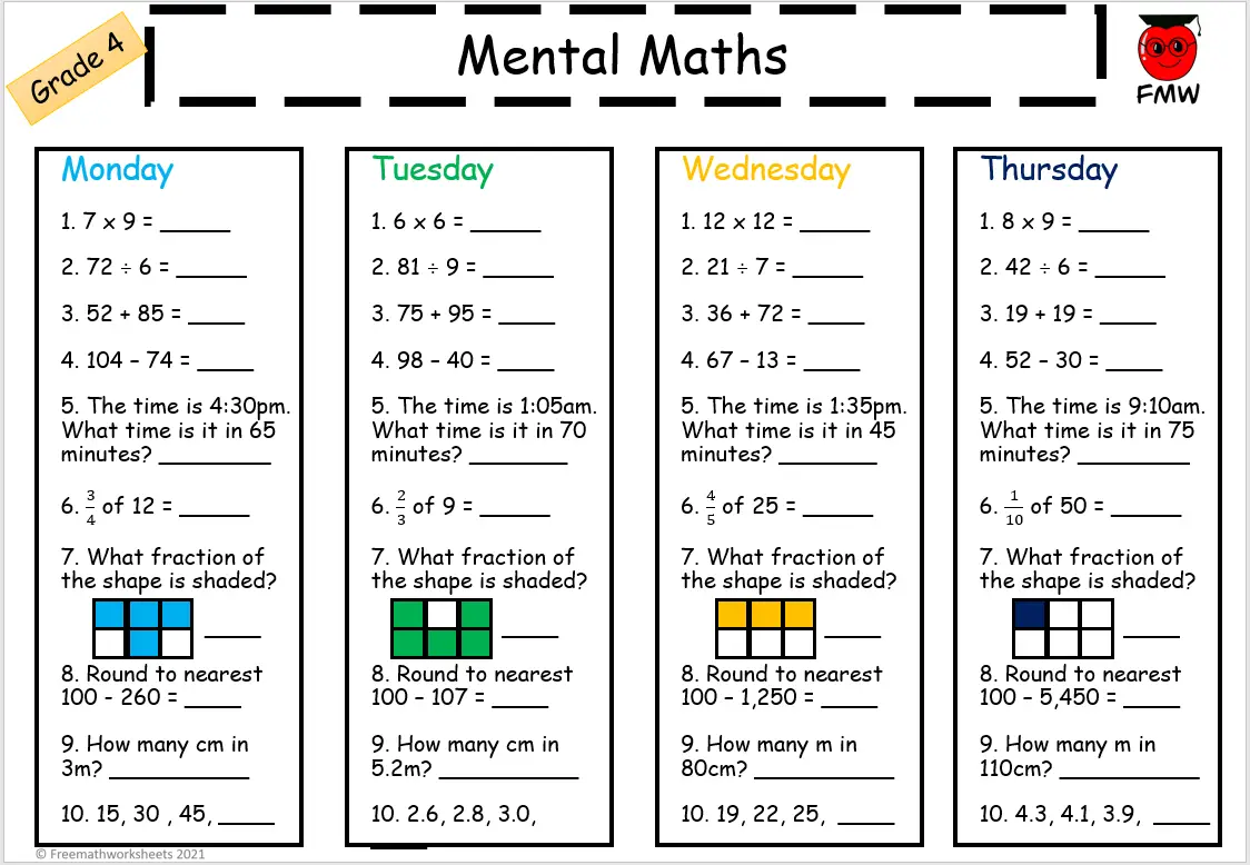 Free Printable Mental Maths Worksheets Grade 4
