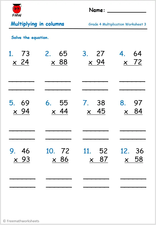 Grade 4 Multiplication Facts Worksheets
