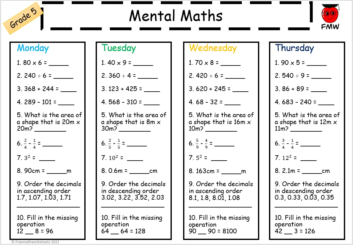 Free Printable Mental Maths Worksheets