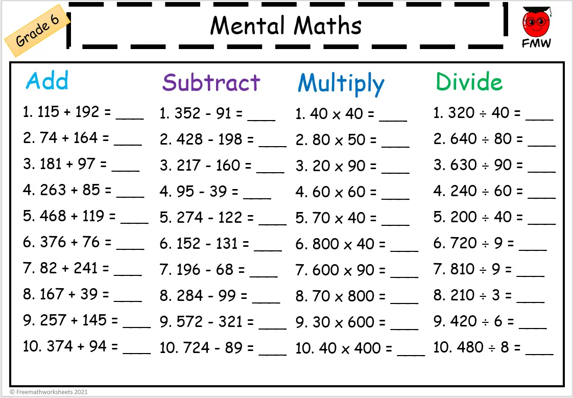 grade 6 mental math worksheets free printables