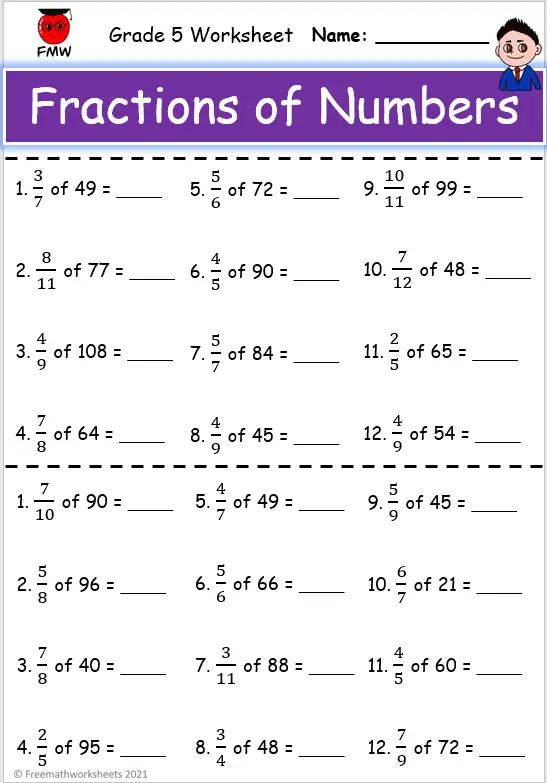 Fraction Of A Number Worksheet Grade 6