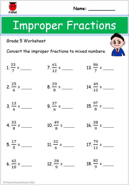 Grade 5 Improper Fractions Worksheets | Free Worksheets | Printables